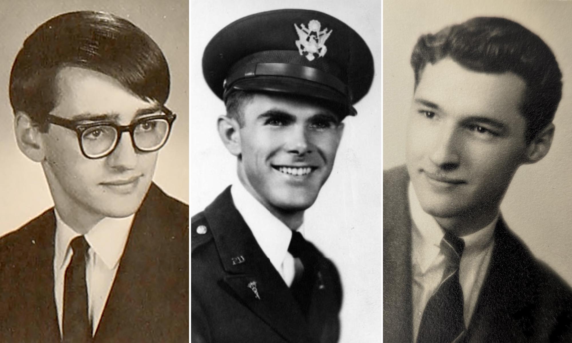 three archival yearbook photos of students from the 1940s and 1960s.