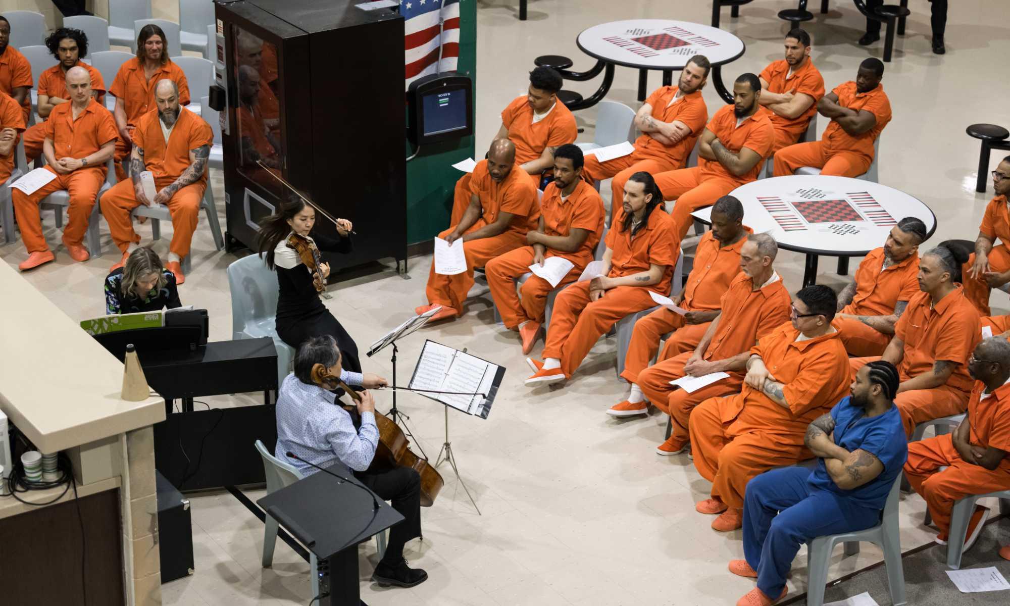 Elevated view of ROC City Concert performs playing music for incarcerated individuals.