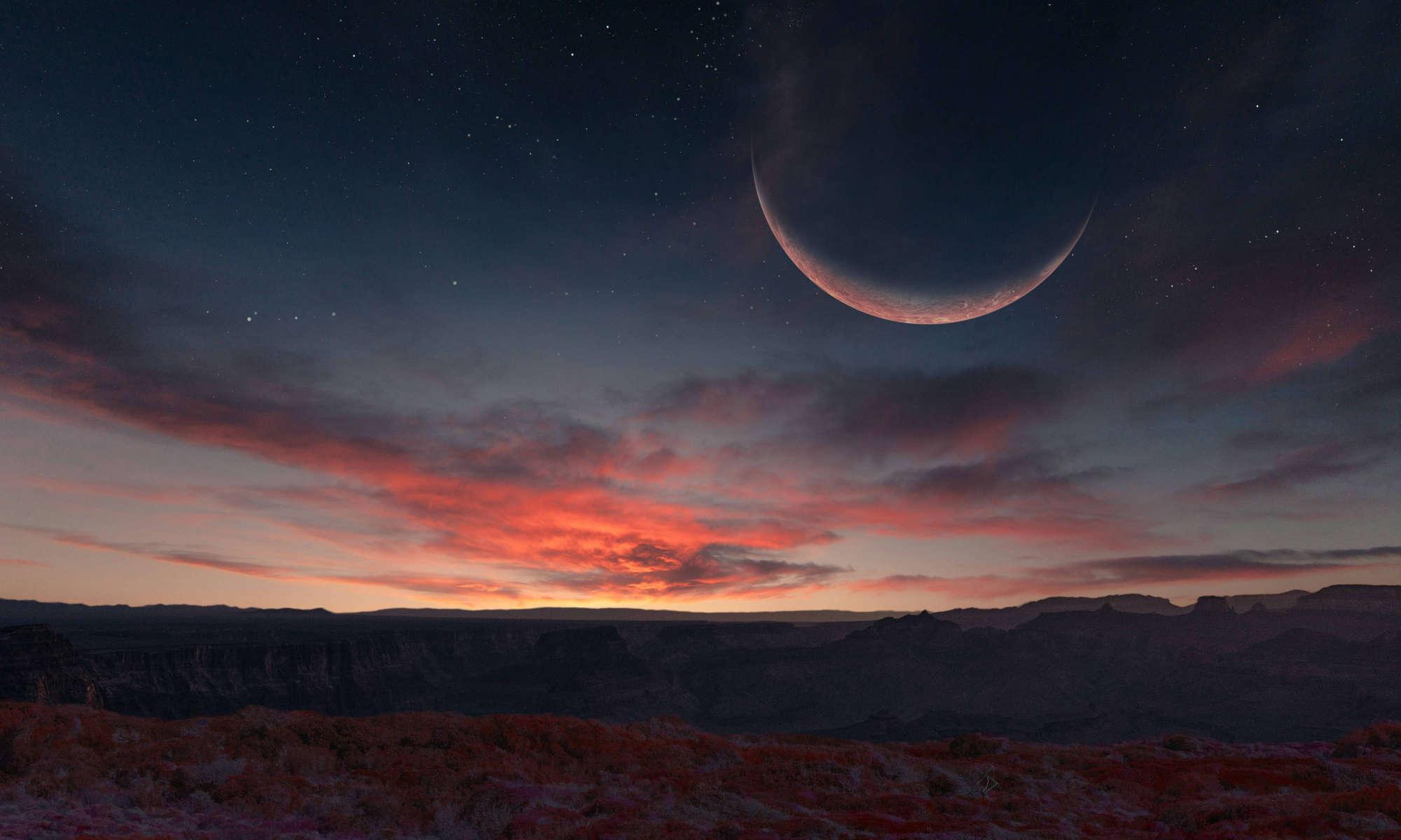 照片插图描绘了一个类似地球的岩石景观，夕阳反射出橘红色的光，反射出一个大月亮，可能是在有限的流不稳定性作用下形成的.